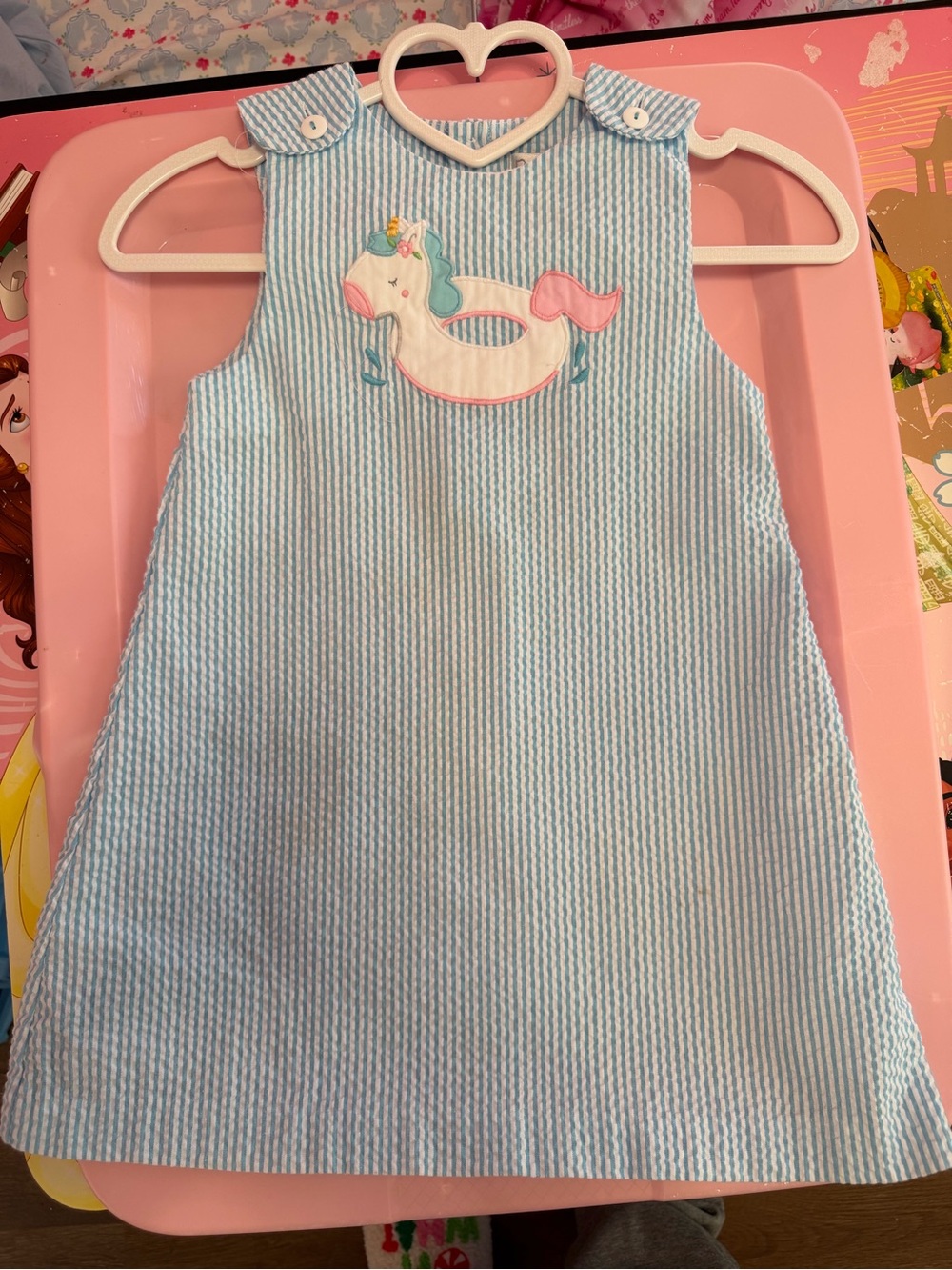 Unbranded Girls' Light Blue Seersucker Unicorn Appliqué Dress